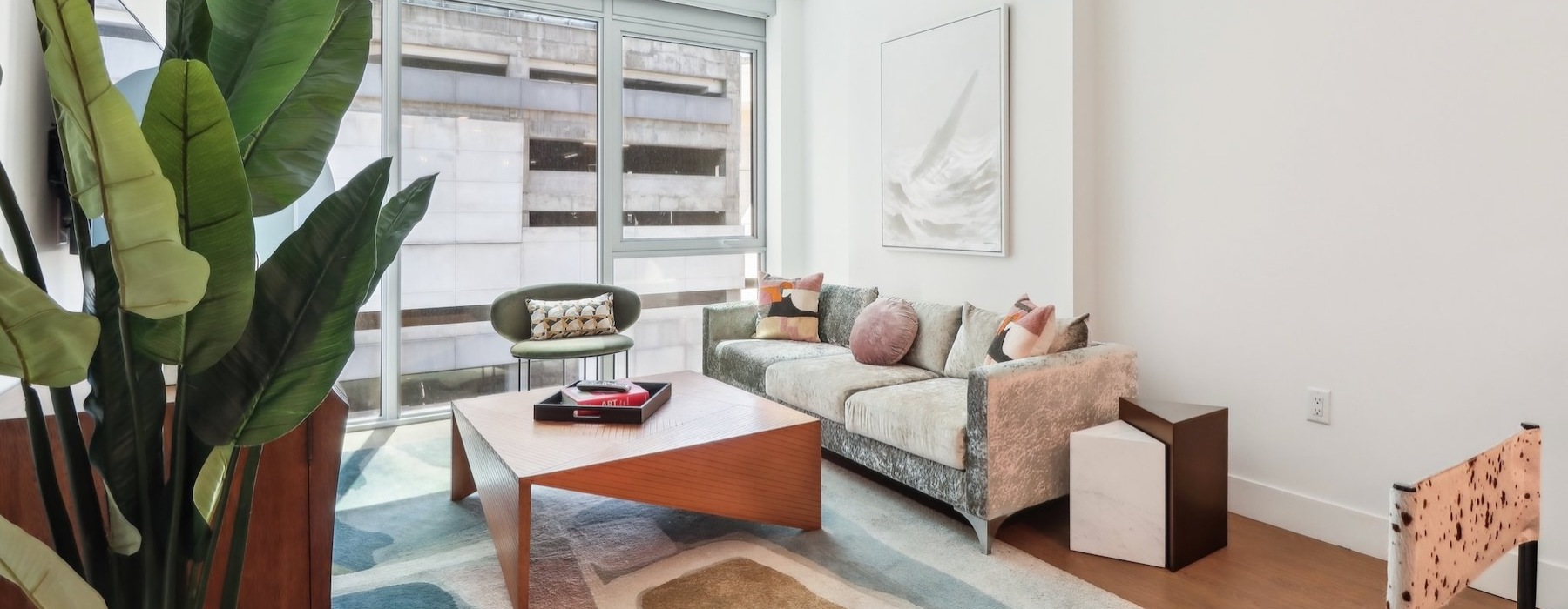 a living room with a couch and a coffee table