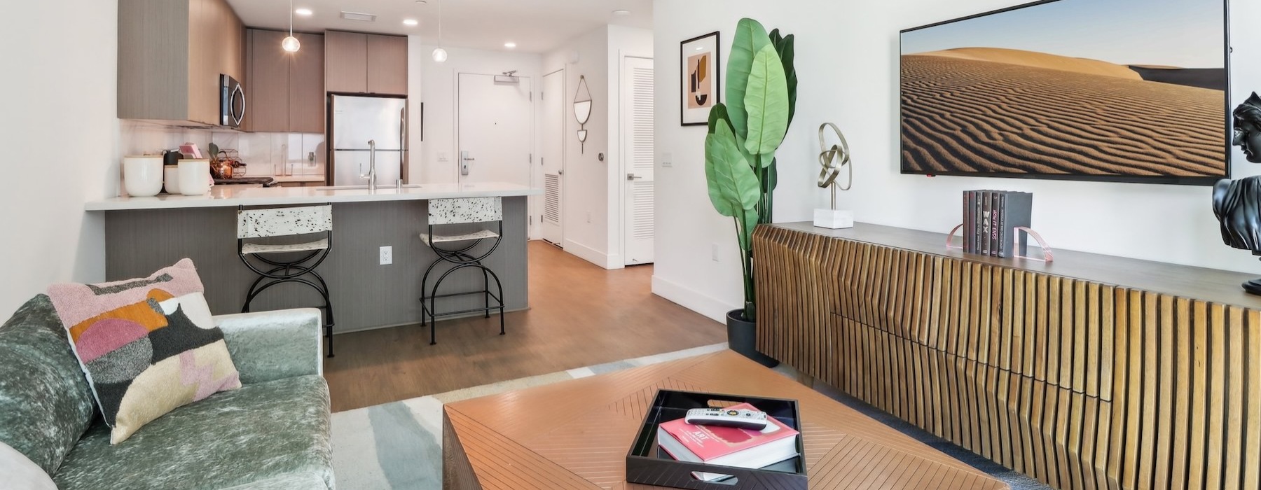 a living room with a couch and a table