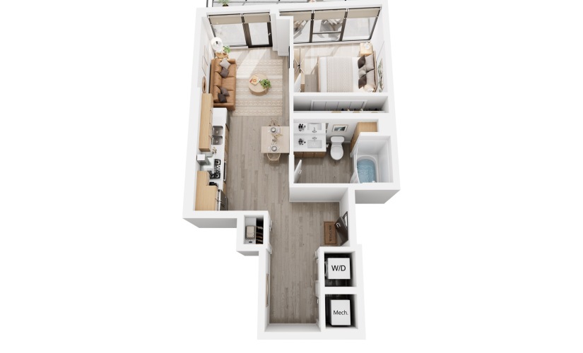 Alina A1 - 1 bedroom floorplan layout with 1 bathroom and 608 square feet