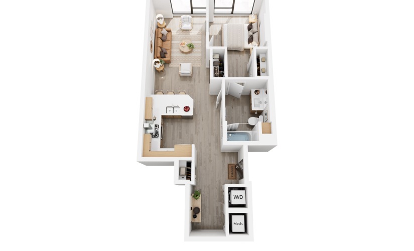 Alina A11 - 1 bedroom floorplan layout with 1 bathroom and 746 square feet