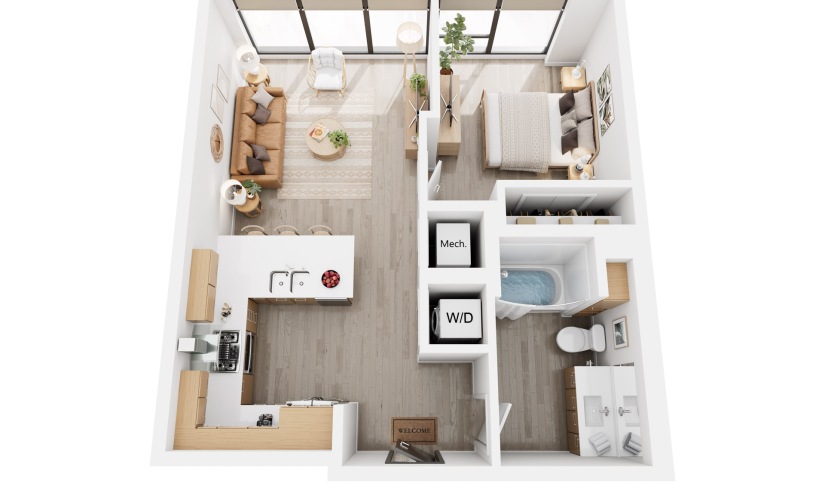 Alina A2 - 1 bedroom floorplan layout with 1 bathroom and 635 square feet