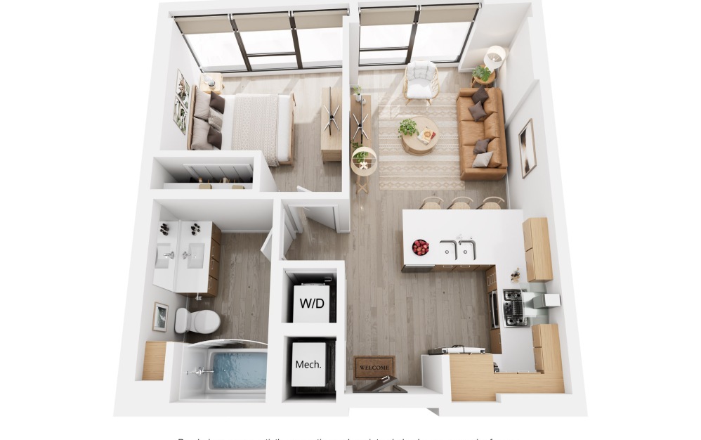 Alina A6 - 1 bedroom floorplan layout with 1 bathroom and 585 - 598 square feet