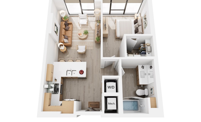 Alina A7 - 1 bedroom floorplan layout with 1 bathroom and 662 square feet