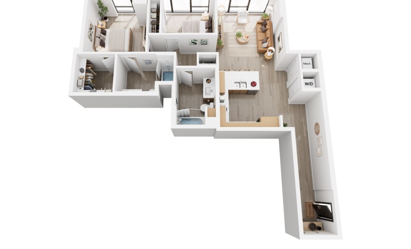 Alina C - 2 bedroom floorplan layout with 2 bathrooms and 1099 - 1186 square feet