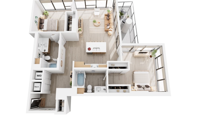 Alina C10 - 2 bedroom floorplan layout with 2 bathrooms and 1201 square feet