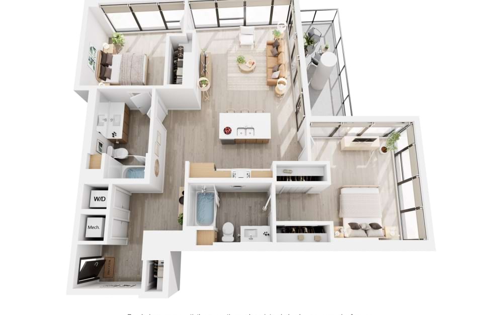 Alina C10 - 2 bedroom floorplan layout with 2 bathrooms and 1201 square feet
