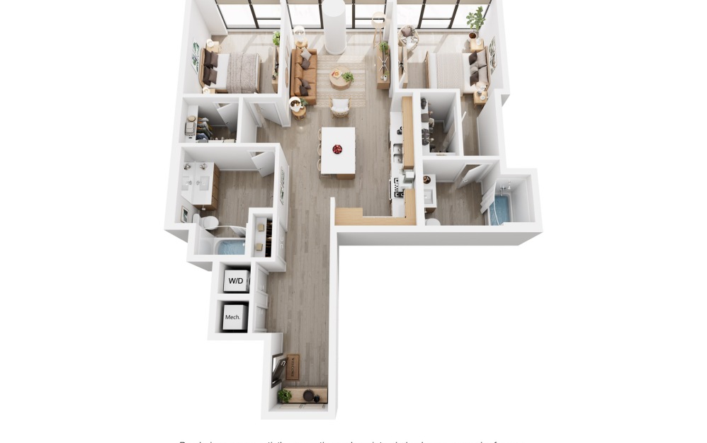 Alina C1 - 2 bedroom floorplan layout with 2 bathrooms and 1112 - 1136 square feet