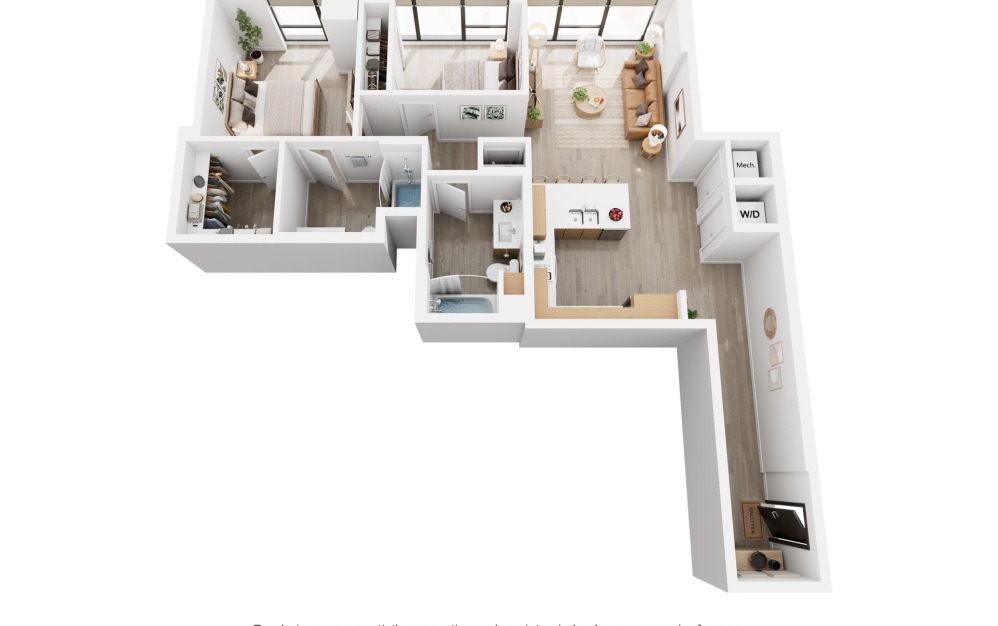 Alina C - 2 bedroom floorplan layout with 2 bathrooms and 1099 - 1186 square feet