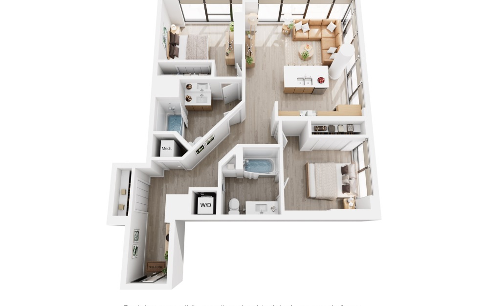 Alina C2 - 2 bedroom floorplan layout with 2 bathrooms and 1066 - 1073 square feet
