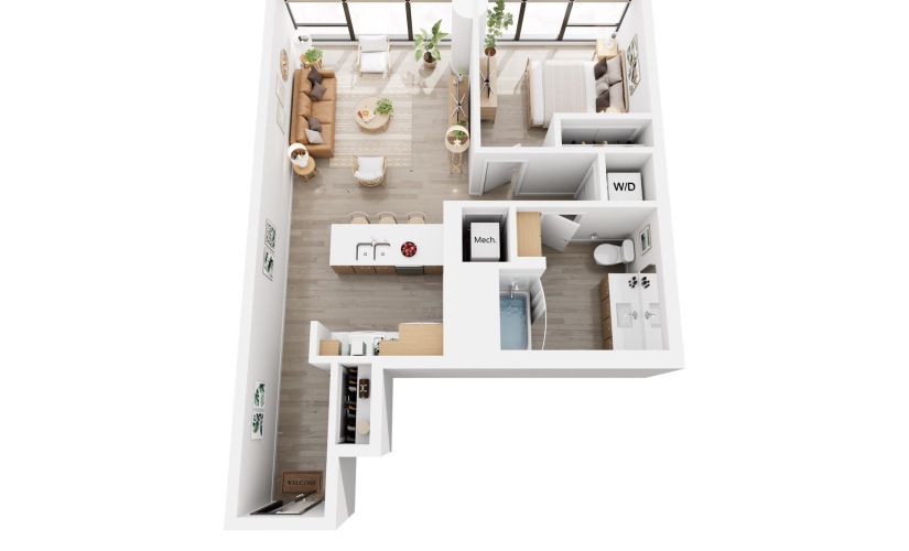 Apex A1 - 1 bedroom floorplan layout with 1 bathroom and 738 - 746 square feet