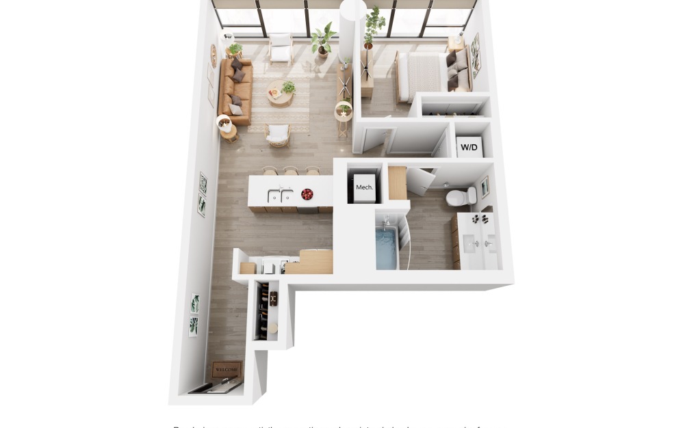 Apex A1 - 1 bedroom floorplan layout with 1 bathroom and 738 - 746 square feet