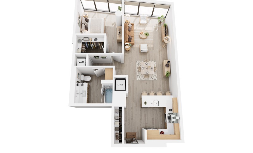 Apex A11 - 1 bedroom floorplan layout with 1.5 bathroom and 950 square feet