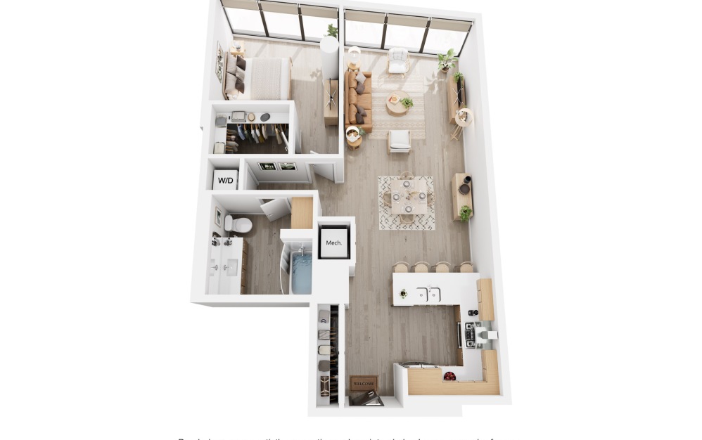 Apex A11 - 1 bedroom floorplan layout with 1.5 bathroom and 950 square feet