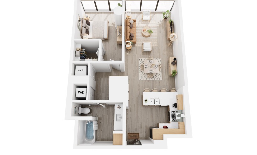 Apex A12 - 1 bedroom floorplan layout with 1 bathroom and 826 - 913 square feet