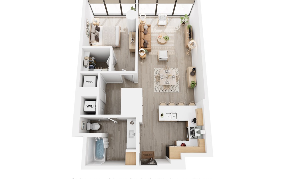Apex A12 - 1 bedroom floorplan layout with 1 bathroom and 826 - 913 square feet