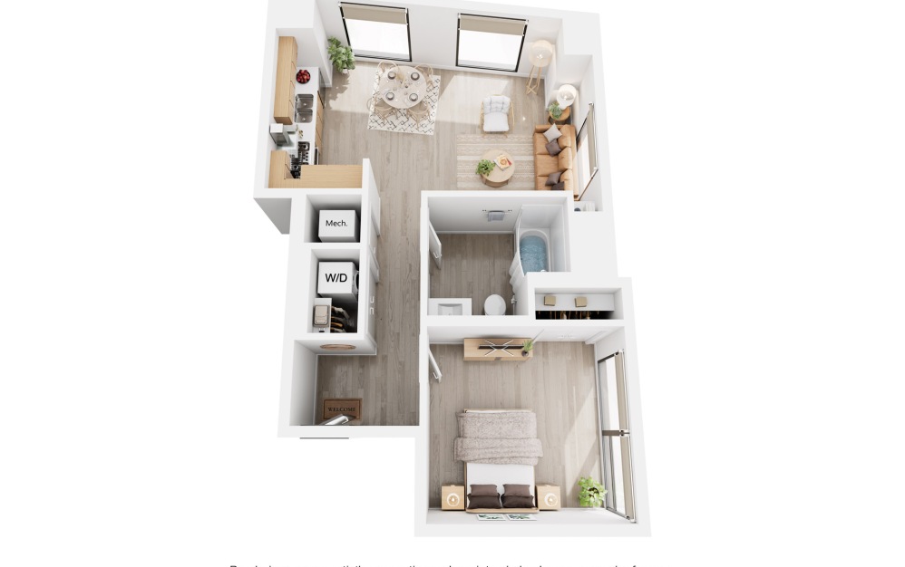 Apex A2 - 1 bedroom floorplan layout with 1 bathroom and 711 square feet