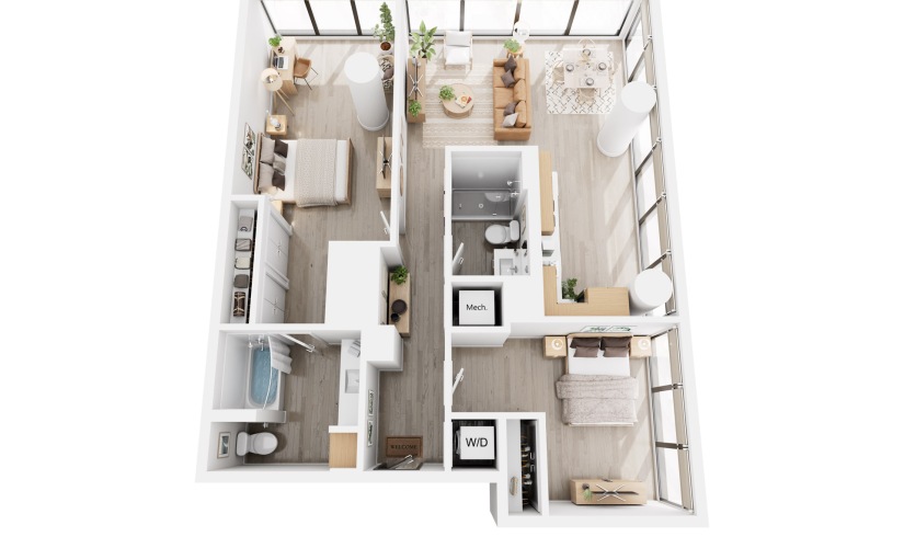 Apex C1 - 2 bedroom floorplan layout with 2 bathrooms and 1173 - 1181 square feet