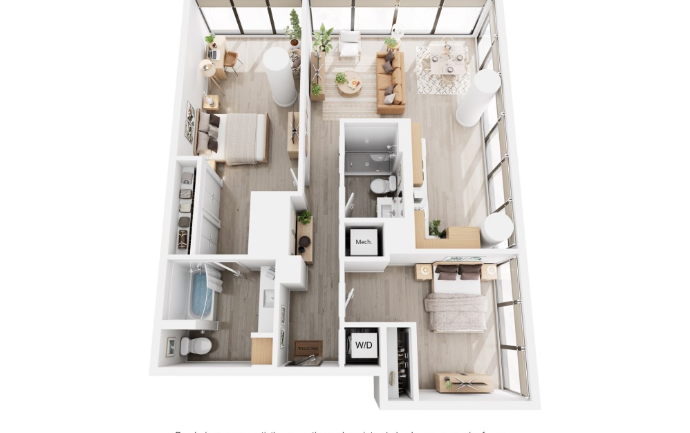 Apex C1 - 2 bedroom floorplan layout with 2 bathrooms and 1173 - 1181 square feet