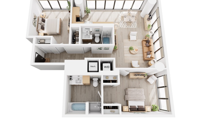 Apex C2 - 2 bedroom floorplan layout with 2 bathrooms and 1152 - 1170 square feet