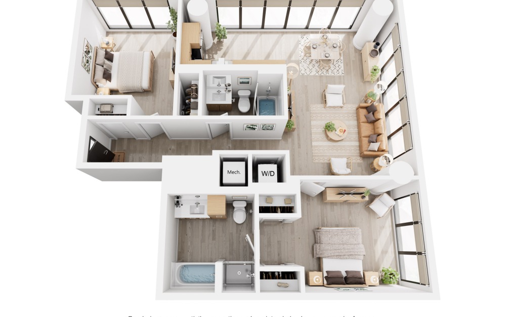 Apex C2 - 2 bedroom floorplan layout with 2 bathrooms and 1152 - 1170 square feet