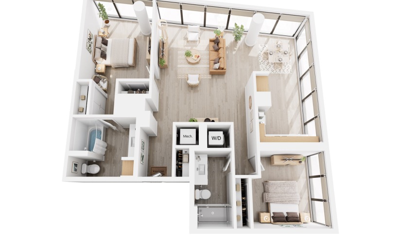 Apex C3 - 2 bedroom floorplan layout with 2 bathrooms and 1277 square feet