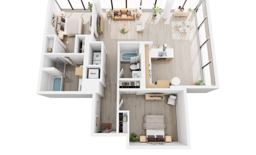 Apex C5 - 2 bedroom floorplan layout with 2 bathrooms and 1365 square feet