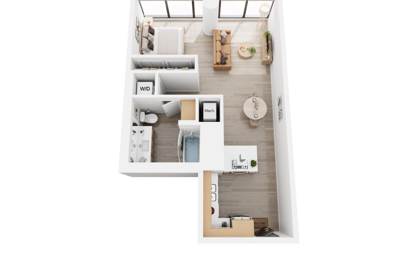 Apex S3 - Studio floorplan layout with 1 bathroom and 721 square feet